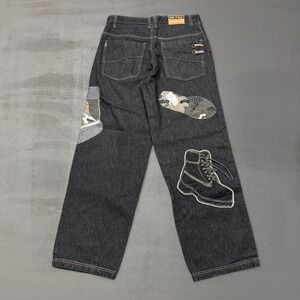 Vintage Raw Blue Baggy Black‎ Crazy Shoe Embroidered Jeans 36 x 34